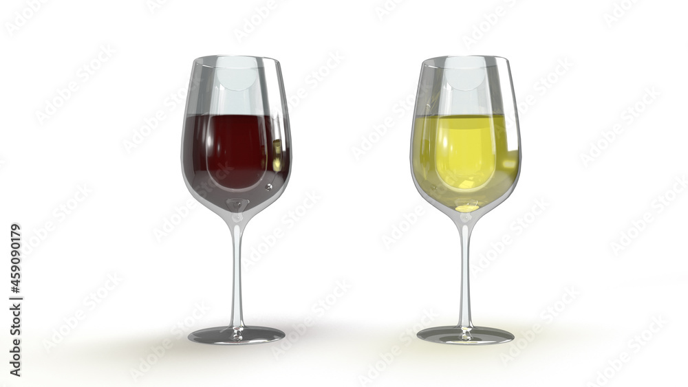 Two glass of wine red and white isolated on white background, 3D rendering Two glass of wine red and white isolated on white background, 3D rendering