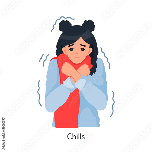 Chills. A girl in a warm scarf is trying to keep warm. This woman is sick. Chills due to coronavirus or flu. Colds, viral diseases. Isolated vector illustration on a white background