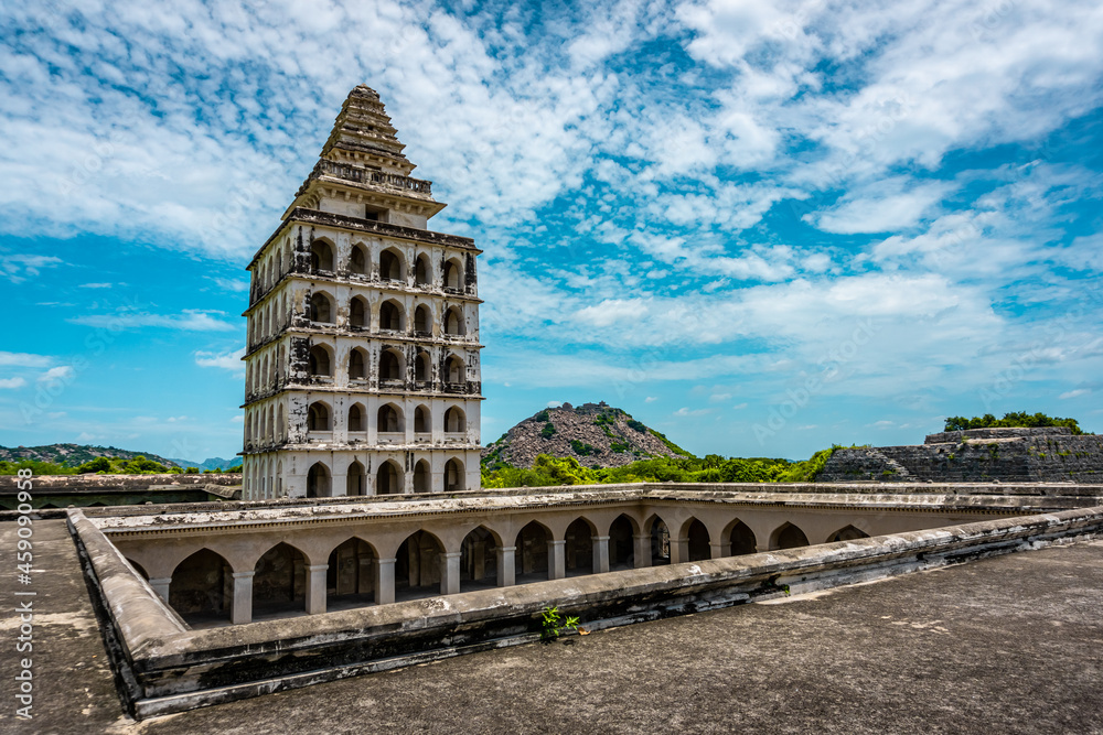 Fototapeta premium Kalyana Mahal at Gingee Fort or Senji Fort in Tamil Nadu, India. It lies in Villupuram District, built by the kings of konar dynasty and maintained by Chola dynasty. Archeological survey of india.