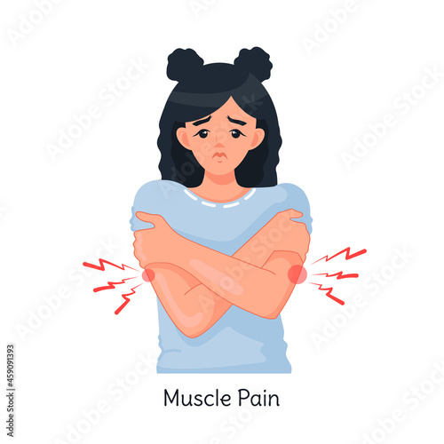 Muscle pain. A sick girl with muscle pain and aches in the body. Intoxication of the body with influenza and coronavirus. Colds, viral diseases. Isolated vector illustration on a white background
