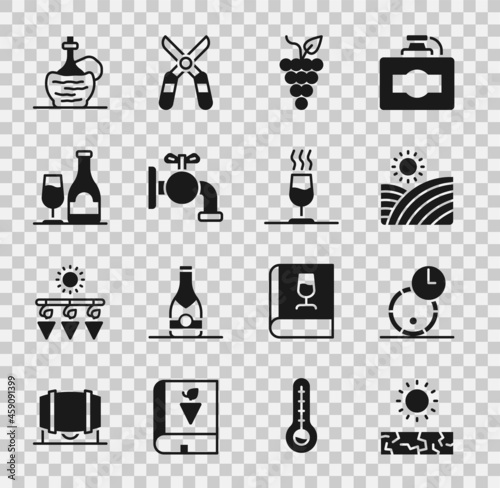 Set Drought, Wooden barrel for wine, Vineyard grapes, Bunch of, Tap, Wine bottle with glass, italian fiasco and tasting, degustation icon. Vector