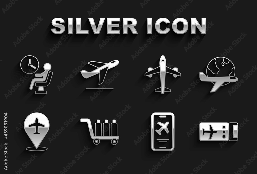 Fototapeta premium Set Trolley baggage, Globe with flying plane, Airline ticket, Mobile, Plane, Human waiting airport terminal and takeoff icon. Vector
