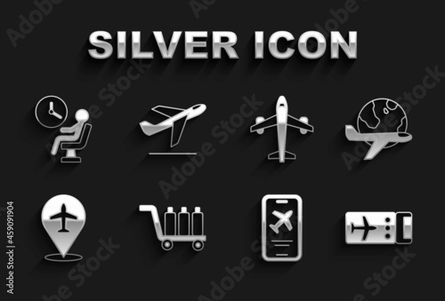 Set Trolley baggage, Globe with flying plane, Airline ticket, Mobile, Plane, Human waiting airport terminal and takeoff icon. Vector