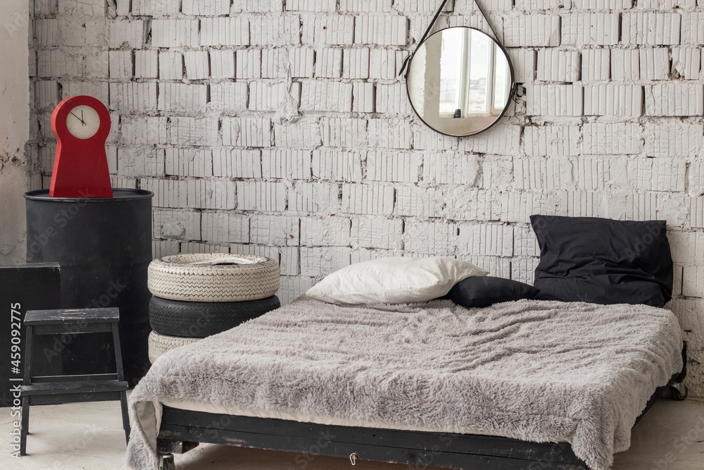 industrial style bedroom interior design. Black and white palette ...