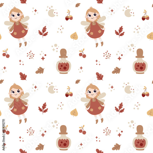 Seamless cute vector magical fairy-tale pattern with tooth fairy  fabulous fairies characters  autumn leaves  berries  branches  plants  magic pot  bubble  wings  stars