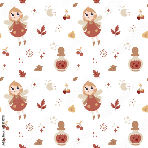 Seamless cute vector magical fairy-tale pattern with tooth fairy, fabulous fairies characters, autumn leaves, berries, branches, plants, magic pot, bubble, wings, stars