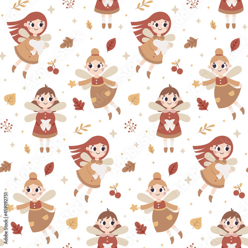 Seamless cute vector magical fairy-tale pattern with tooth fairy  fabulous fairies characters  autumn leaves  berries  branches  plants  bubble  wings  stars  moon