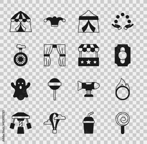 Set Lollipop, Circus fire hoop, ticket, tent, curtain raises, Unicycle or one wheel bicycle, and Ticket box office icon. Vector