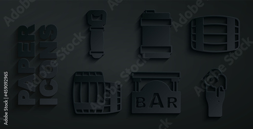 Set Street signboard with Bar, Wooden barrel, Glass of beer, Metal keg and Bottle opener icon. Vector