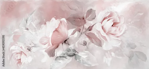 Obraz Oil painting with flower rose, leaves. Botanic print background on canvas -  triptych In Interior, art.