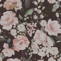 Stickers Vintage bloemen patronen Aquarel rozen tuinpatroon roze tinten  © lisima