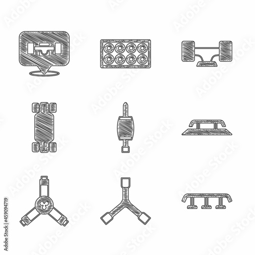 Set Screwdriver, Skateboard Y-tool, stairs with rail, Longboard or skateboard, wheel and icon. Vector