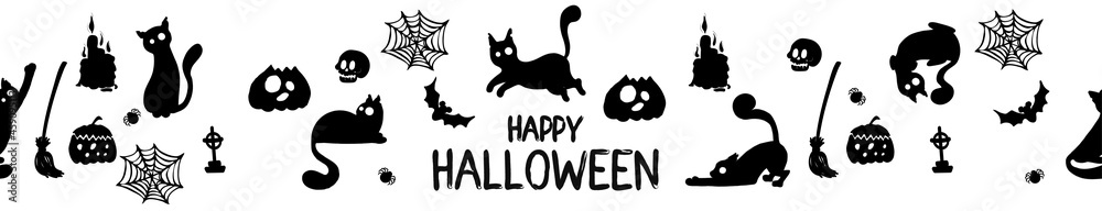 Naklejka premium seamless black and white text banner, leaderboard, lead stand for website. Happy Halloween 2022 greetings with cute cats, bats and cobwebs. For festive decoration, prints, packaging, postcards, 