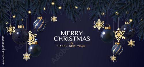Merry Christmas dark blue banner  with golden snowflakes. Christmas card. Vector Illustration.