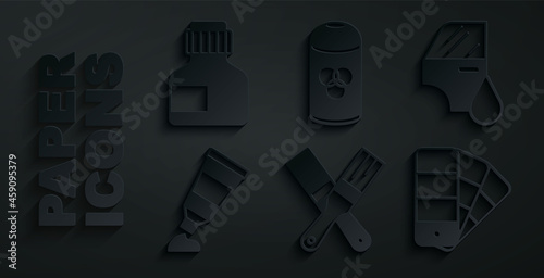 Set Paint brush, Car painting, Tube with palette, Color guide, spray can and Paint, gouache, jar, dye icon. Vector