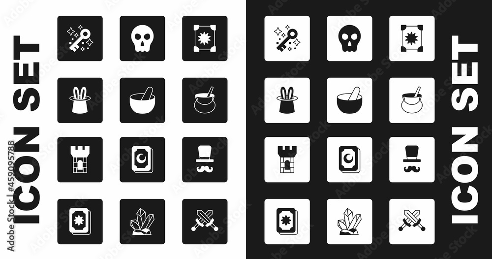 Set Ancient magic book, Witch cauldron, Magician hat and rabbit ears, Old key, Skull, and Castle tower icon. Vector Set Ancient magic book, Witch cauldron, Magician hat and rabbit ears, Old key, Skull, and Castle tower icon. Vector