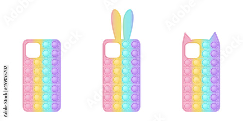 A set of mobile phone cases in the form popit toys for fidgets. The covers are in pastel rainbow colors with bunny and kitty ears and a simple shape. Vector illustration isolated on a white background