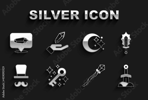Set Old magic key, Magic sword in fire, Sword the stone, staff, Magician, Moon and stars, and icon. Vector