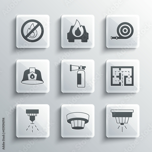 Set Smoke alarm system, Evacuation plan, Fire extinguisher, sprinkler, Firefighter helmet, No fire and hose reel icon. Vector