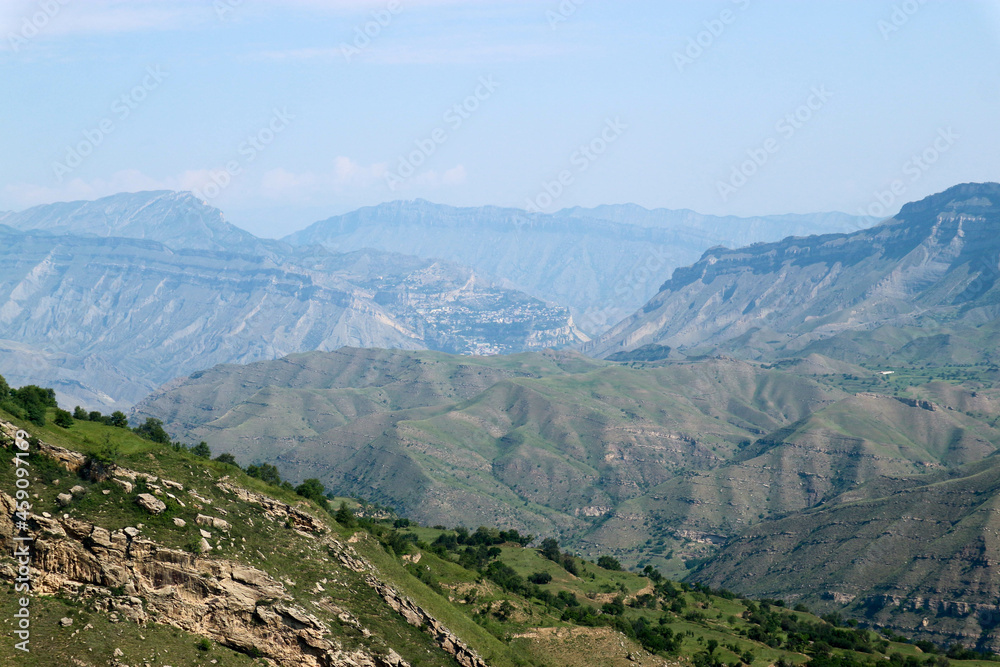beautiful breathtaking view to the mountains around abandoned village Gamsutl in Dagestan, Russia