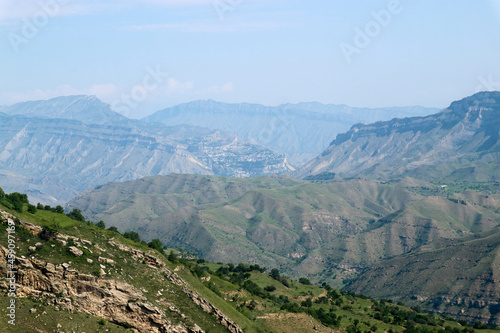 beautiful breathtaking view to the mountains around abandoned village Gamsutl in Dagestan, Russia