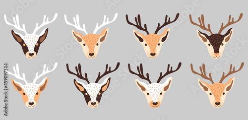 A collection of deer heads. Christmas reindeer vector illustration