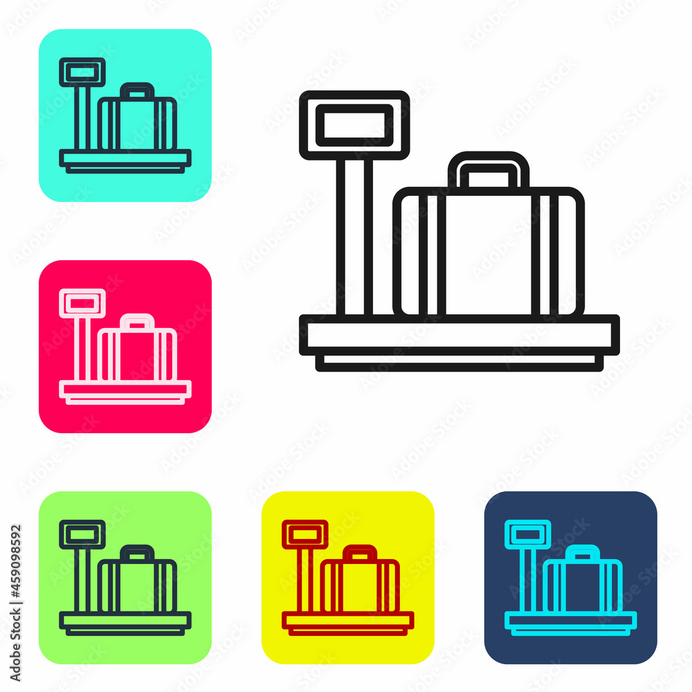 Black line Scale with suitcase icon isolated on white background. Logistic and delivery. Weight of delivery package on a scale. Set icons in color square buttons. Vector Black line Scale with suitcase icon isolated on white background. Logistic and delivery. Weight of delivery package on a scale. Set icons in color square buttons. Vector