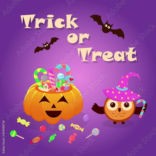 Halloween pumpkin basket full of candies and sweets and owl in a magic hat. Trick or treat lettering with bats.
