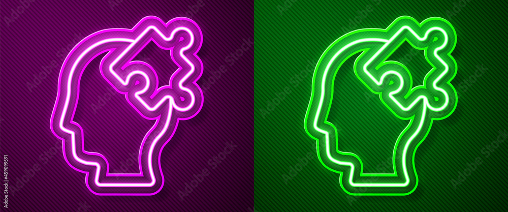 Glowing neon line Solution to the problem in psychology icon isolated on purple and green background. Puzzle. Therapy for mental health. Vector