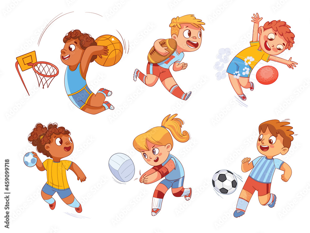 Team sport. Volleyball, football, basketball, rugby, handball, dodgeball. Set. Colorful cartoon characters. Funny vector illustration. Isolated on white background Stock Vector | Adobe Stock Team sport. Volleyball, football, basketball, rugby, handball, dodgeball. Set. Colorful cartoon characters. Funny vector illustration. Isolated on white background Stock Vector | Adobe Stock