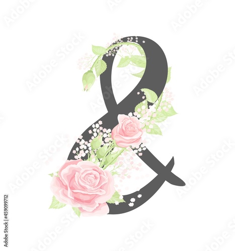 Vector floral alphabet glyph and with pink cream rose flowers and green leaves