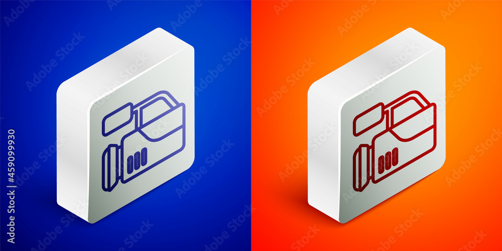 Isometric line Cinema camera icon isolated on blue and orange background. Video camera. Movie sign. Film projector. Silver square button. Vector Isometric line Cinema camera icon isolated on blue and orange background. Video camera. Movie sign. Film projector. Silver square button. Vector