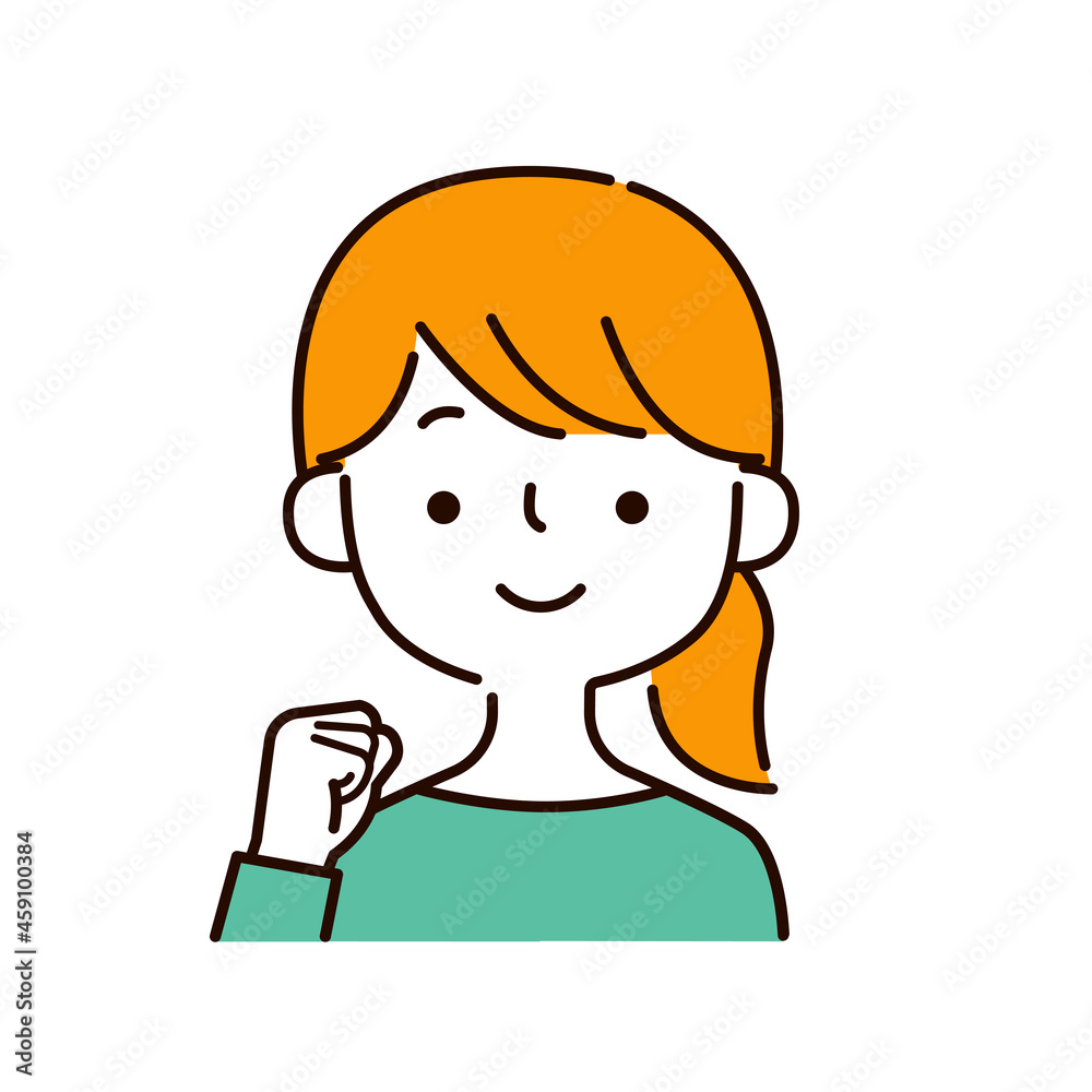 ガッツポーズの笑顔の女性のシンプルな上半身イラストアイコン