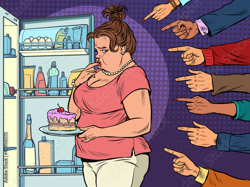 Condemnation and shame. Fat woman at the open refrigerator with food, obesity and excess weight