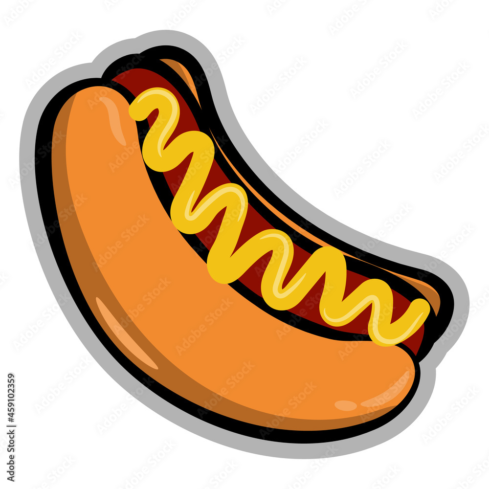 Cartoon illustration of hotdog with mustard sauce in doodles style, best for sticker, decoration, and logo of fast food restaurant Cartoon illustration of hotdog with mustard sauce in doodles style, best for sticker, decoration, and logo of fast food restaurant