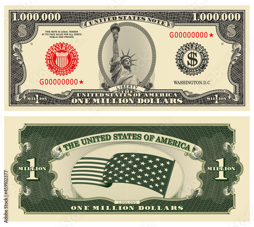 Fictional obverse and reverse of US paper money. One million dollar banknote. Statue of Liberty, stars-striped flag and guilloche frames