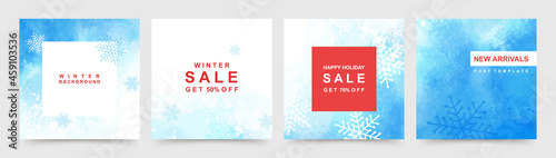 Trendy square Winter Holidays  templates.  Winter sale social media post frame with snowfall and snowflakes shape.  Suitable for mobile apps, banner design and web  internet ads. Vector illustration