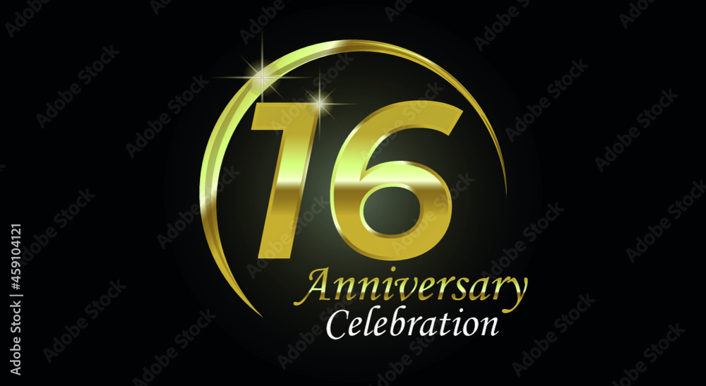 16 years anniversary celebration. Anniversary logo with ring in golden color isolated on black background with golden light, vector design for celebration, invitation card and greeting card