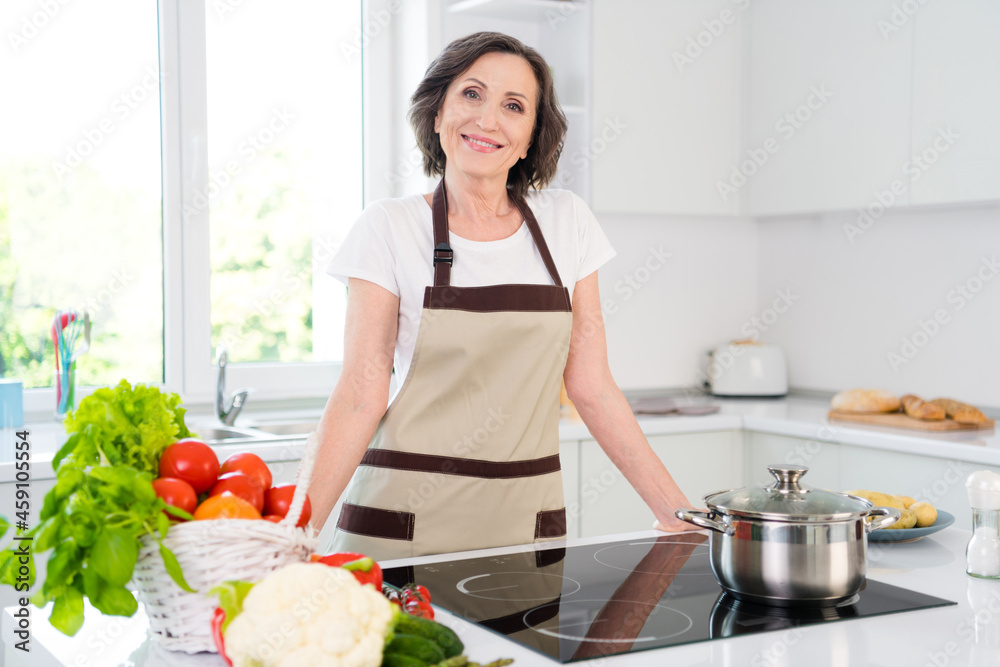 Photo of charming lady good mood smile table kitchen cook lunch smile indoors inside house home kitchen Photo of charming lady good mood smile table kitchen cook lunch smile indoors inside house home kitchen