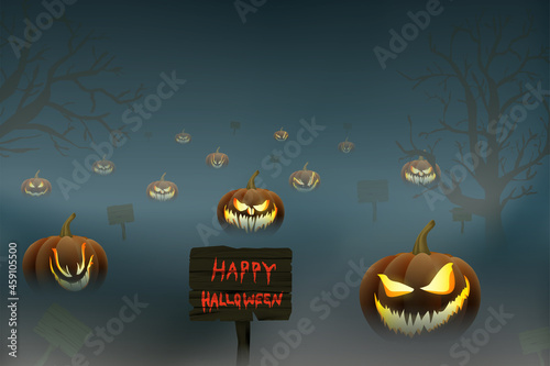 halloween banner template. happy halloween on wooden sign board with group of scary pumpkin.Vector illustration of horror banner for halloween invitation card.