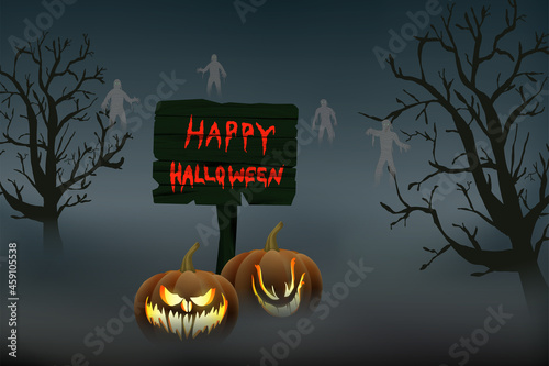 halloween banner template. happy halloween on wooden sign board with pumpkin and creepy dead walk.Vector illustration of horror banner for halloween invitation card.