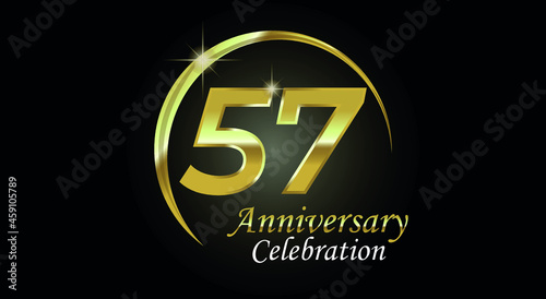 Free Download 57 years anniversary celebration. Anniversary logo with ring in golden color isolated on black background with golden light, vector design for celebration, invitation card and greeting card - GFXLoad