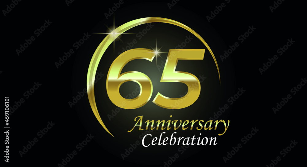 65 years anniversary celebration. Anniversary logo with ring in golden color isolated on black background with golden light, vector design for celebration, invitation card and greeting card 65 years anniversary celebration. Anniversary logo with ring in golden color isolated on black background with golden light, vector design for celebration, invitation card and greeting card