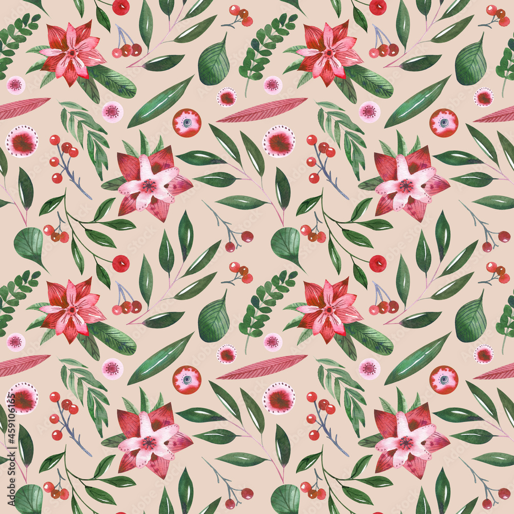 Watercolor seamless patternWatercolour Boho Christmas seamless pattern. Repeat rustic pattern for fabric,  textile, gift wrapping paper, apparel, home decor