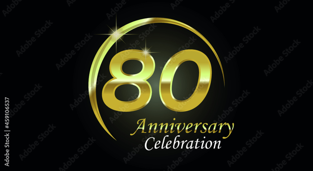 80 years anniversary celebration. Anniversary logo with ring in golden color isolated on black background with golden light, vector design for celebration, invitation card and greeting card 80 years anniversary celebration. Anniversary logo with ring in golden color isolated on black background with golden light, vector design for celebration, invitation card and greeting card