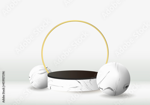 3D marble podium set in white background. Cylinder podium stand with gold ring and globe shape. Vector illustration of luxury design for product display mock up with podium stand background.