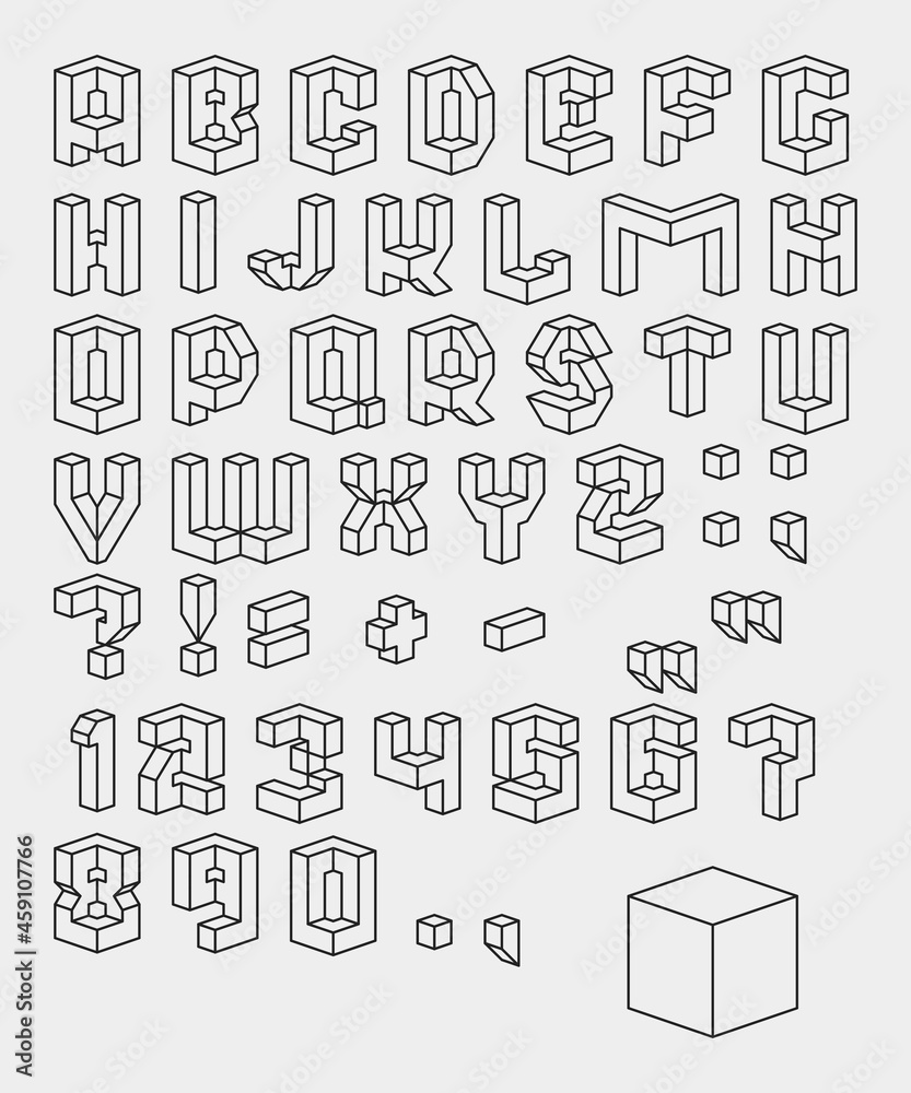 Vector set of  black and white characters. 3D isometric font. Contour alphabet. Vector letters, numbers and punctuation marks. Editable strokes.