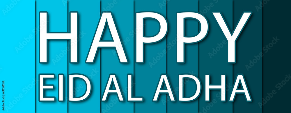 happy eid al adha - text written on blue striped background