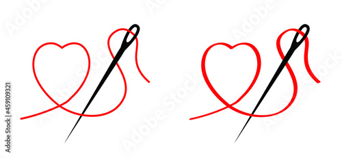 Cartoon needle with thread and slaogan love. Needle pictogram. Flat black wire vector icon. For sewing clothes. Needle eye symbol. Needlework silhouette line pattern logo.