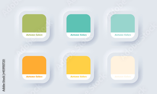 Autumn palette color in RGB HEX. Color Catalog. Neumorphic UI UX white user interface web button. Neumorphism. Vector EPS 10.